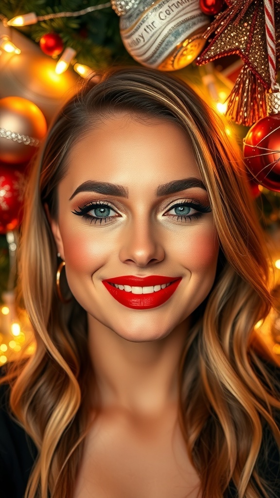 Glamorous Christmas makeup with black eyeliner, gold eyeshadow, and red lips against a festive backdrop.